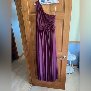 David's Bridal Long Mesh One Shoulder Dress in the color wine